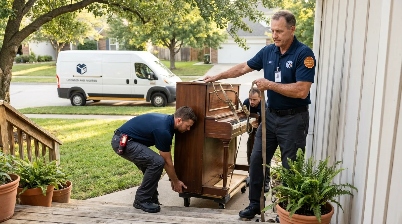 Licensed piano movers securing grand piano in Clayton, DE