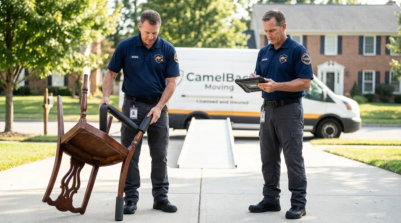 Movers inspecting furniture for damage prevention before loading in Clayton, DE