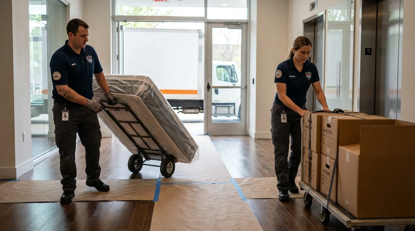 Professional apartment movers loading elevator in Clayton, DE